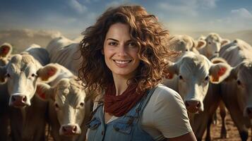 ai generado un mujer con Rizado pelo y un azul camisa es en pie en frente de un manada de vacas foto