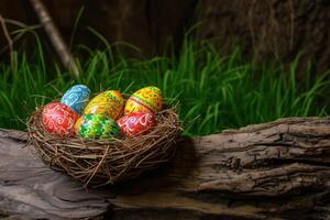 ai generado vistoso pintado contento Pascua de Resurrección huevos en aves nido cesta en rústico de madera foto