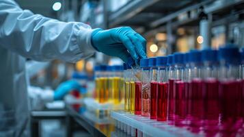 AI generated Researcher or scientist hands holding medical test tubes at laboratory with health technology. photo