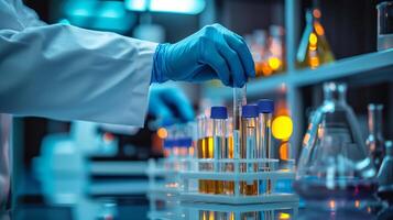 AI generated Researcher or scientist hands holding medical test tubes at laboratory with health technology. photo