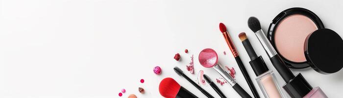 AI generated makeup brushes and cosmetic powders arranged neatly on a clean white background. copy space banner. photo