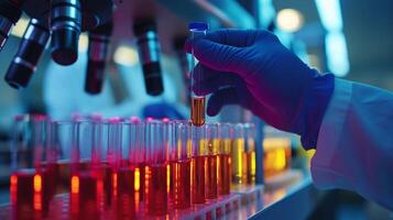 AI generated Researcher or scientist hands holding medical test tubes at laboratory with health technology. photo