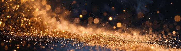 AI generated wide panoramic view of sparkling golden bokeh lights creating a festive and luxurious atmosphere.banner photo