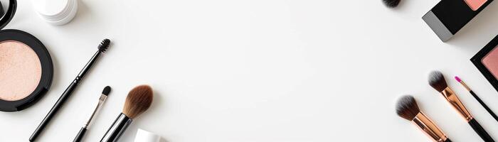 AI generated makeup brushes and cosmetic powders arranged neatly on a clean white background. copy space banner. photo