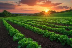 AI generated scenic view of a cabbage farm at sunset, with rows of vibrant green cabbage plants under a colorful sky. photo