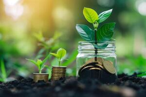 AI generated Green plant sprouts growing on stacked coins, symbolizing investment and financial growth, saving money photo