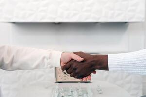 Handshake close view background. Business agreement, deal concept photo