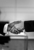 Handshake close view background. Business agreement, deal concept photo