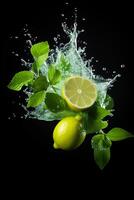 AI generated Mint and lime with water splash isolated on a black background. photo