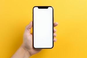 AI generated mock up a hand holding a smartphone with a blank screen. This image can be used for a variety of purposes, such as web design, graphic design, and digital marketing photo