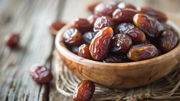 AI generated sweet dates out of wooden plate on rustic wooden table, Eid mubarak background photo