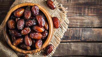 AI generated sweet dates out of wooden plate on rustic wooden table, Eid mubarak background photo