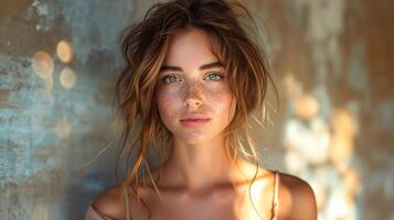 AI generated Sun-kissed Beauty with Freckles in Urban Decay photo