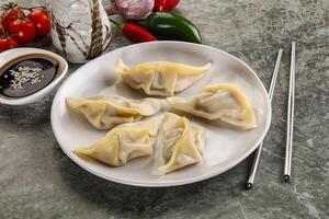 Japanese cuisine - dumplings gyoza with sauce photo