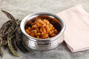 Canned white bean in tomato sauce photo