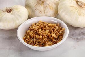 Dried roasted onion flakes for culinary photo