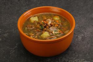 Lentil soup with chicken and vegetables photo