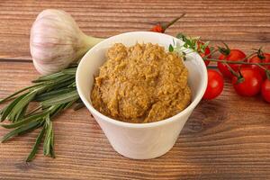 Jewish eggplant dip with oil photo