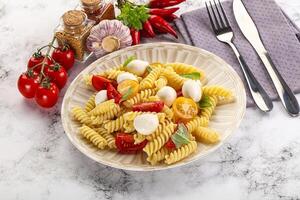 Italian pasta with mozzarella and tomato photo