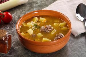 Soup with beef meatball and vegetables photo