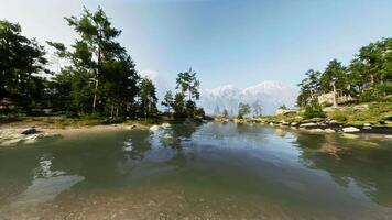 A lake surrounded by trees and rocks with a mountain in the background video