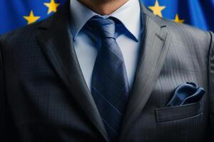 AI generated Cropped image of politics man in suit against European Union flag photo