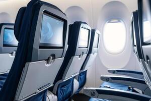 AI generated Empty seats near window in airplane cabin photo