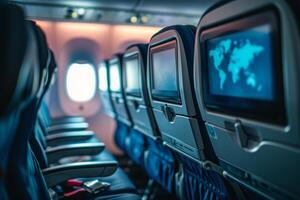 AI generated Empty seats near window in airplane cabin photo