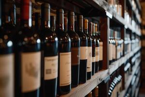 AI generated Red wine bottles in a row on shelf in store photo