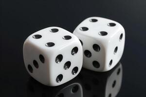 AI generated Two white dices falling on table on black background photo