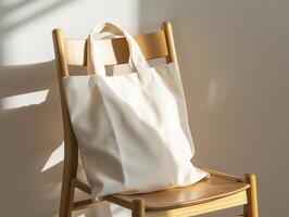 AI generated Blank empty white canvas tote bag mockup on chair with sunlight, for display design, eco friendly concept photo