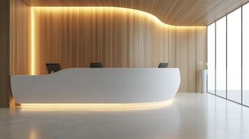 AI generated Front display interior design wooden reception area of modern office, waiting area concept photo