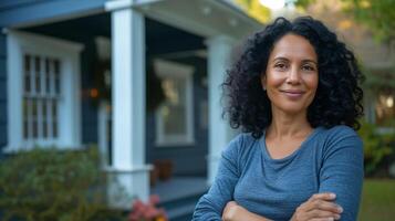 AI generated Proud home owner woman feeling happy standing in front of her new home, moving in and real estate concept photo