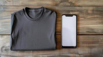 AI generated Top view of blank grey tshirt unisex mockup with empty screen smartphone for design template on wood background photo