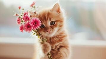 ai generado linda gato participación ramo de flores de flores y dar para sorpresa en san valentin día o fiesta regalo, amor y romántico concepto foto