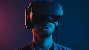 ai generado joven hombre vistiendo auriculares vr virtual realidad anteojos, inmersivo tecnología foto