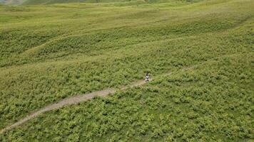 Aerial view of a girl walking on a hill track in Bromo after fires, Aerial view from Bromo a wonderful scenery in dramatic hill video