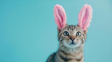 AI generated Cute cat wearing bunny ears headband studio shot background, easter egg celebration concept photo