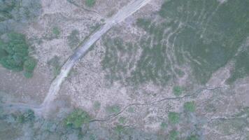 aérien vue de une sec, fissuré Terre terrain avec clairsemé verdure et une saleté chemin. video