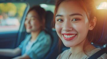 ai generado dos joven asiático mujer teniendo divertido canta un canción en el coche en un día viaje en el verano, mejor amigos conducción alrededor el campo foto