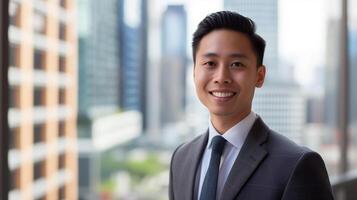 AI generated Attractive Asian businessman in a suit standing confident with blurred office buildings as a background photo