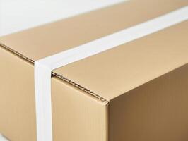 AI generated Close up of kraft box brown cardboard with blank white adhesive tape mockup photo