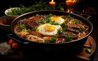 AI generated View of Beautiful delicious food meat noodle BBQ yum tum menu on a plate photo