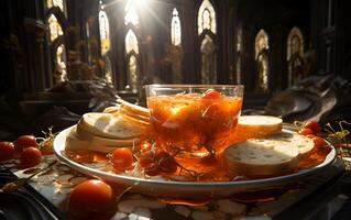 AI generated Cream and bread with homemade Ivan Fedorovich tomatoes photo