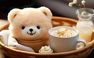 AI generated Toy cats in a basket and delicious cream Food in a bowl photo