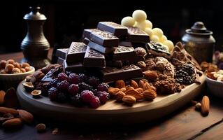 AI generated View of chocolate nuts and other delicious food on a wooden table photo