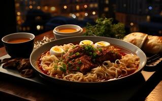 ai generado ver de hermosa delicioso comida carne fideos barbacoa ñam tum menú en un plato foto