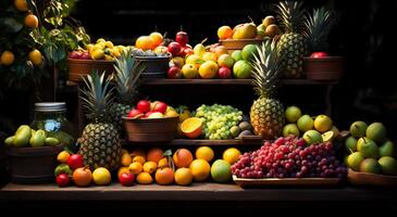 AI generated Various delicious healthy fruits multi-layered in wooden style in a shop photo