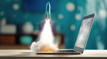 AI generated A rocket launched in front of a laptop. Concepts of marketing, business startup, growth. photo