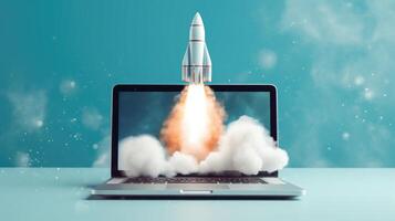 AI generated A rocket launched in front of a laptop. Concepts of marketing, business startup, growth. photo